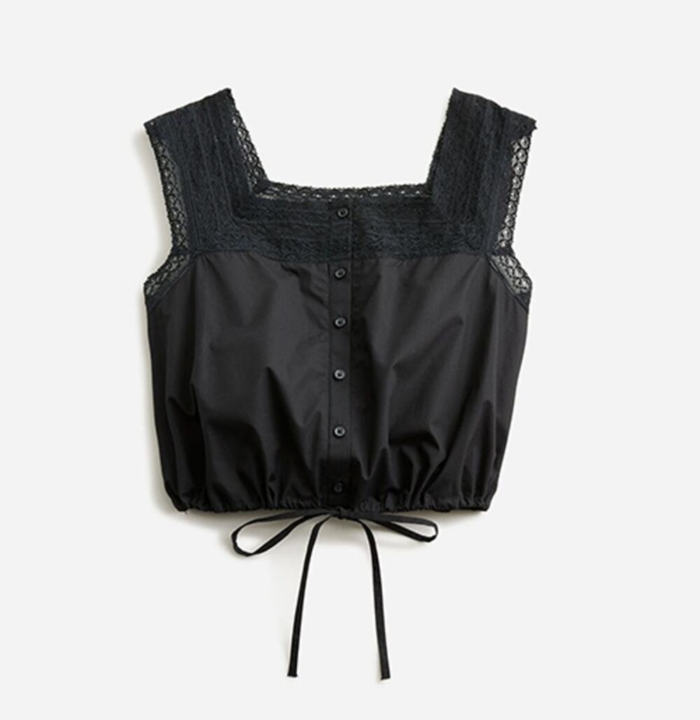 J. Crew Regenerative Cotton Lace-Trim Cropped Blouse Top Black Womens Size Small